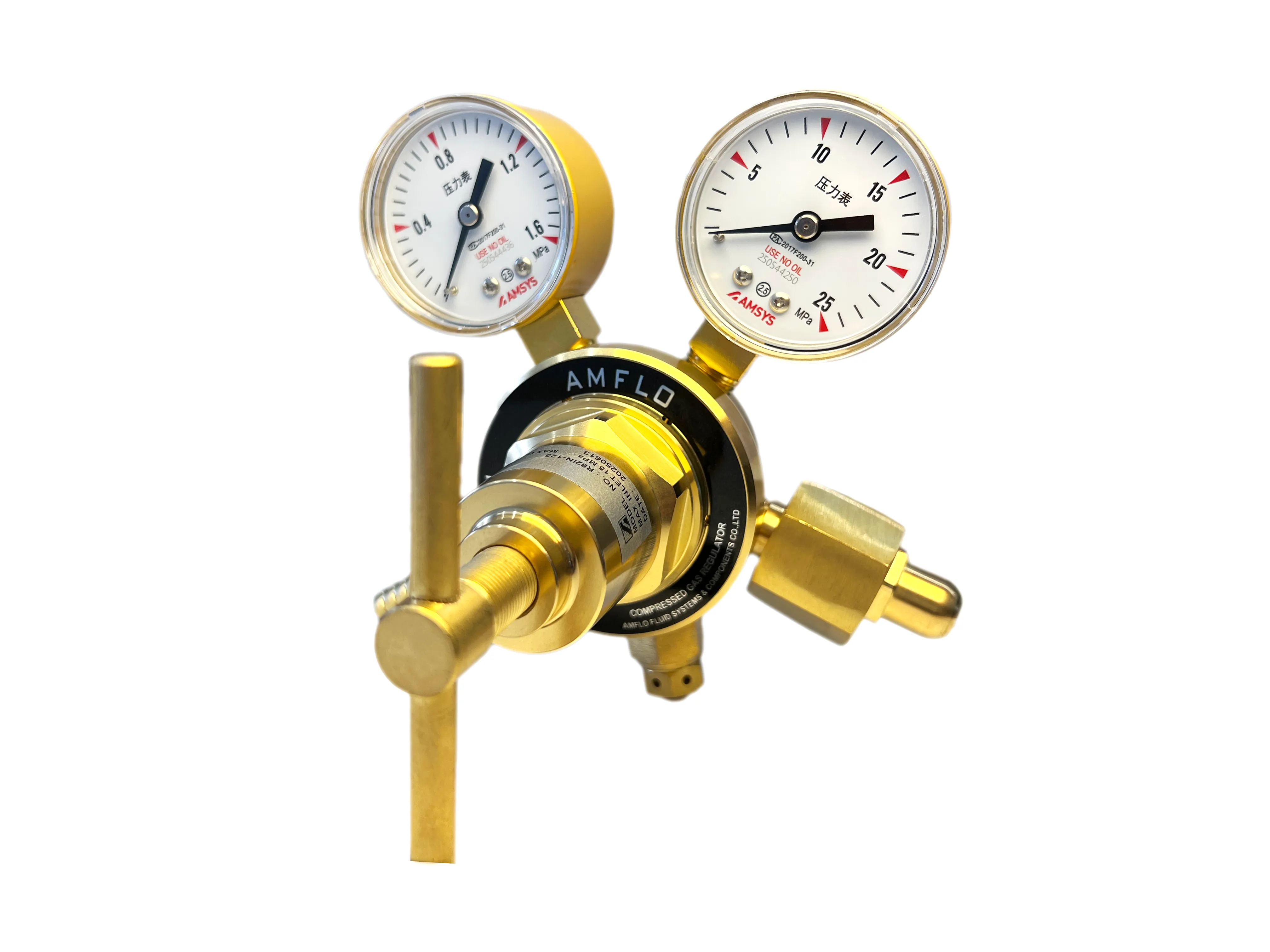 Регулятор баллонный водородный AMFLO R82H-125 (H2)  латунь  с 2-мя манометрами, давление на входе до 200 бар. PRV. произв 14м3/час / Regulator R82H-125